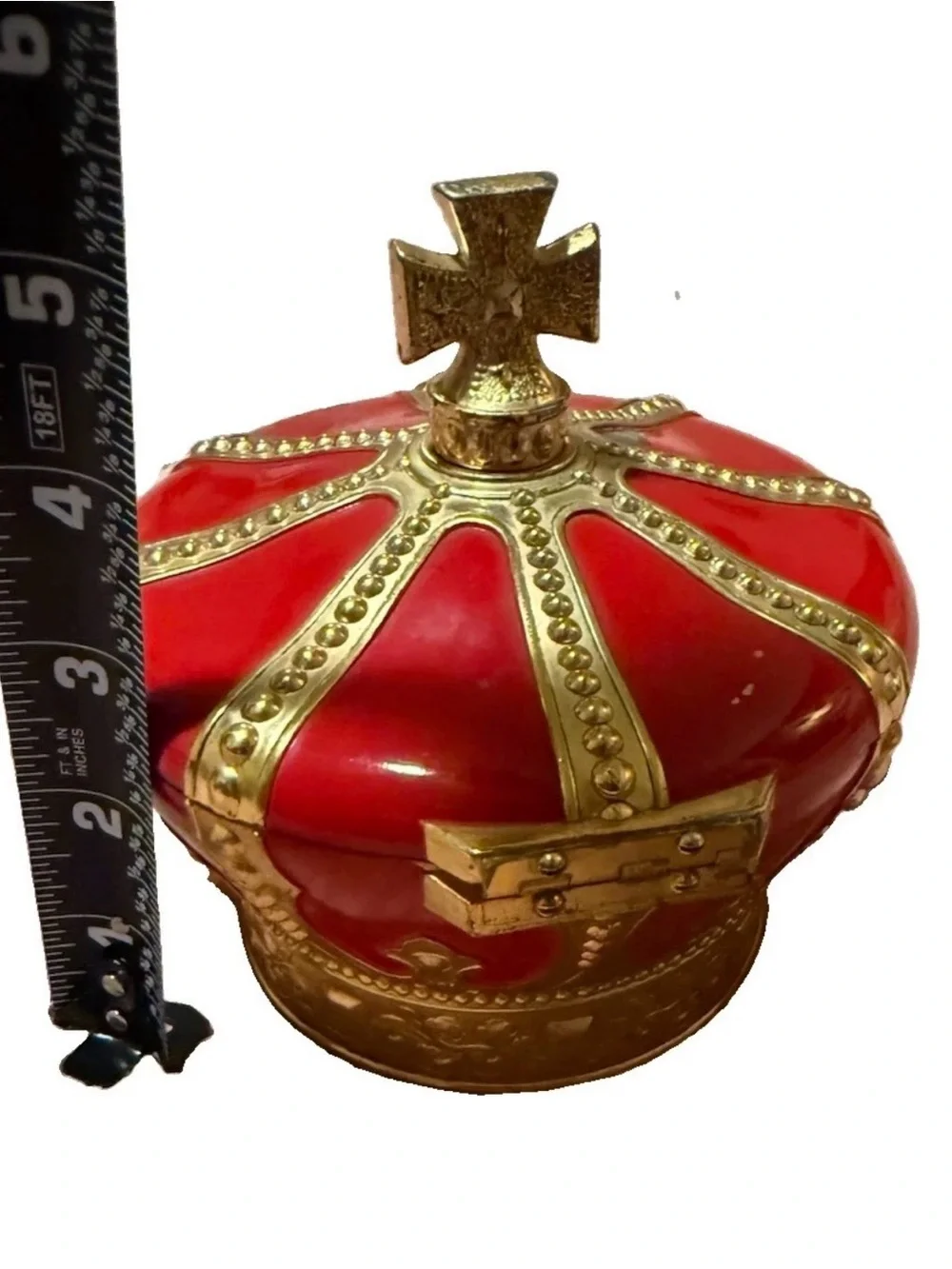 Vintage 1960 Enameled Red Imperial Crown Hinged Trinket Decorative Jewelry Box